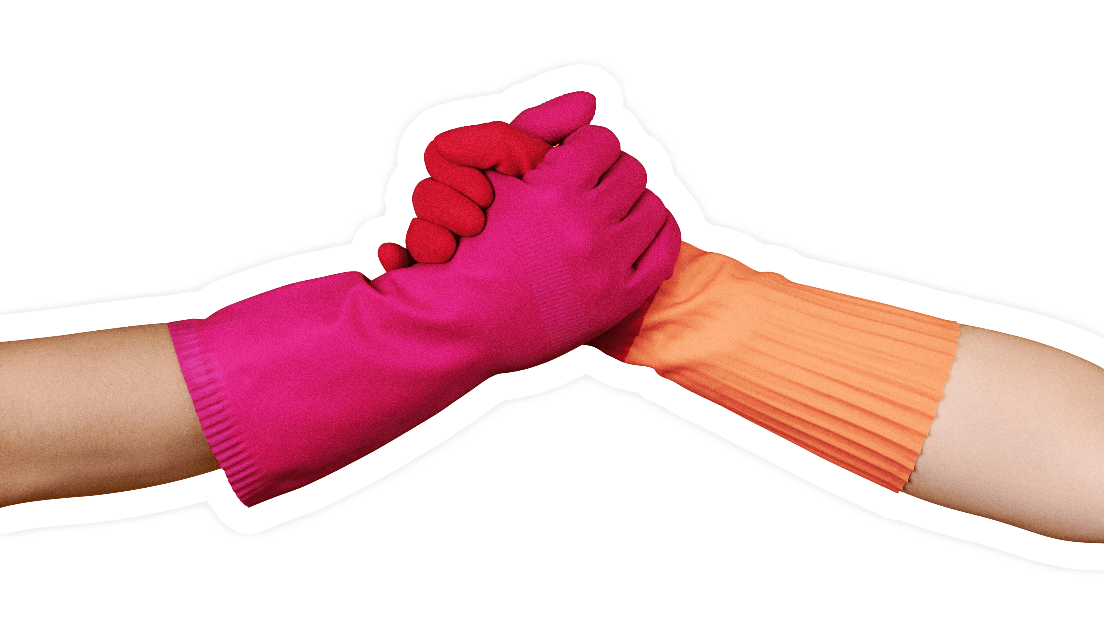 Deux mains portant de gants de nettoyage se serrant la main.