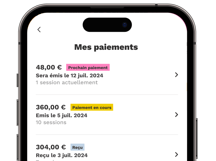 Un écran de smartphone montrant des paiements réalisés sur l'application Wecasa.